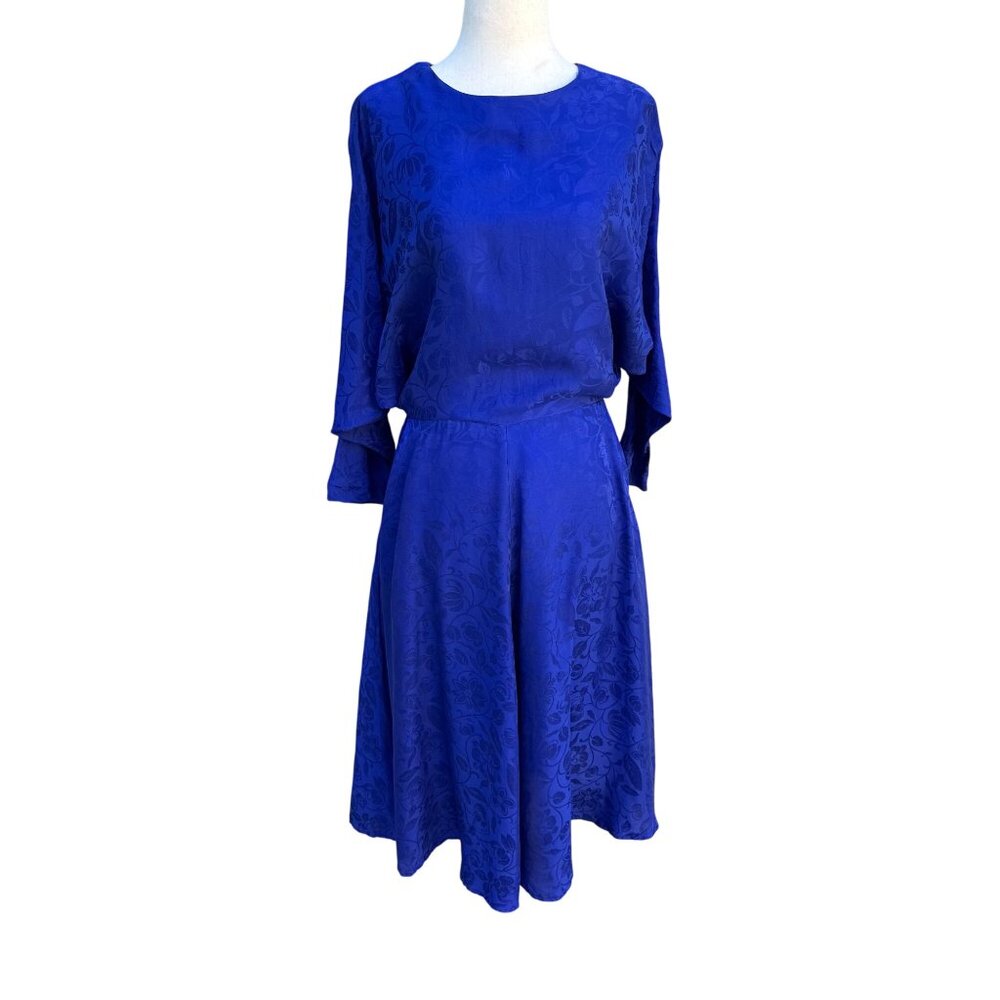 Smooth Premier Vintage Silk‎ Royal Blue Floral Jacquard Open Back Cocktail Dress